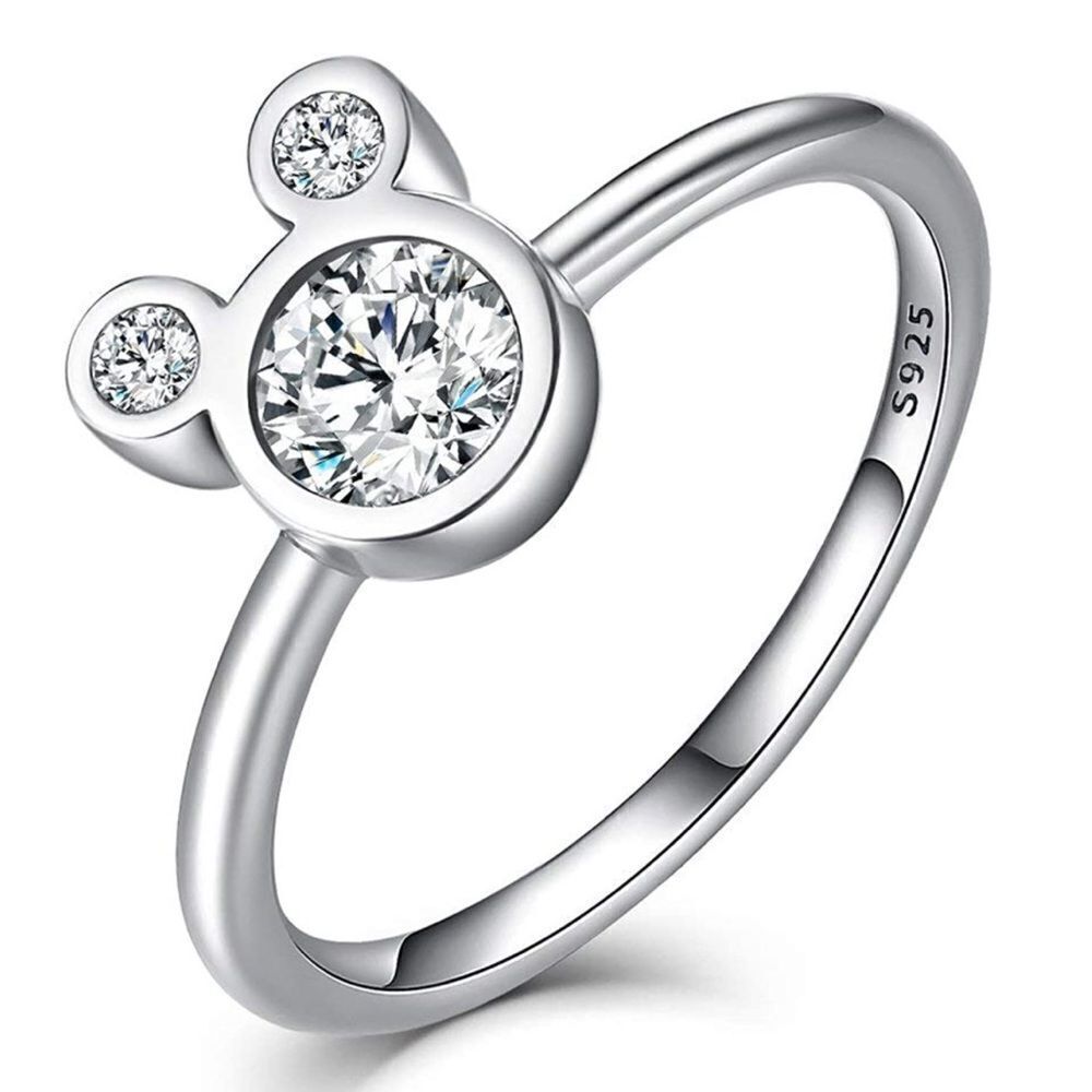 .925 Sterling Silver with White Diamond Cubic Zirconia Mickey Mouse Ring Size 8